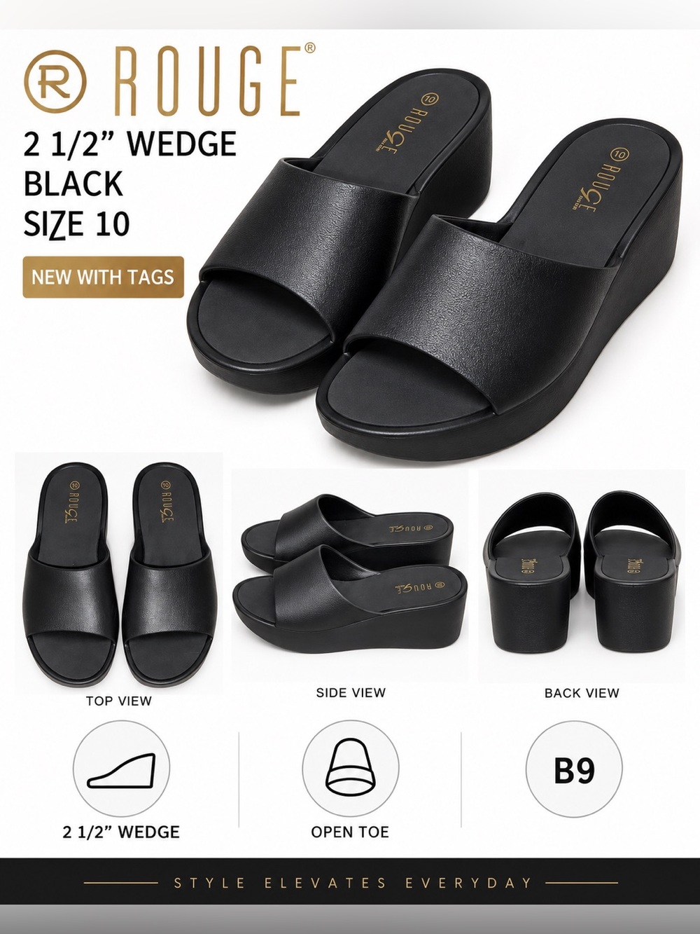 ROUGE 2 1/2” WEDGE OPEN TOE SLIDES – BLACK SIZE 10 (NEW WITH TAGS) B9